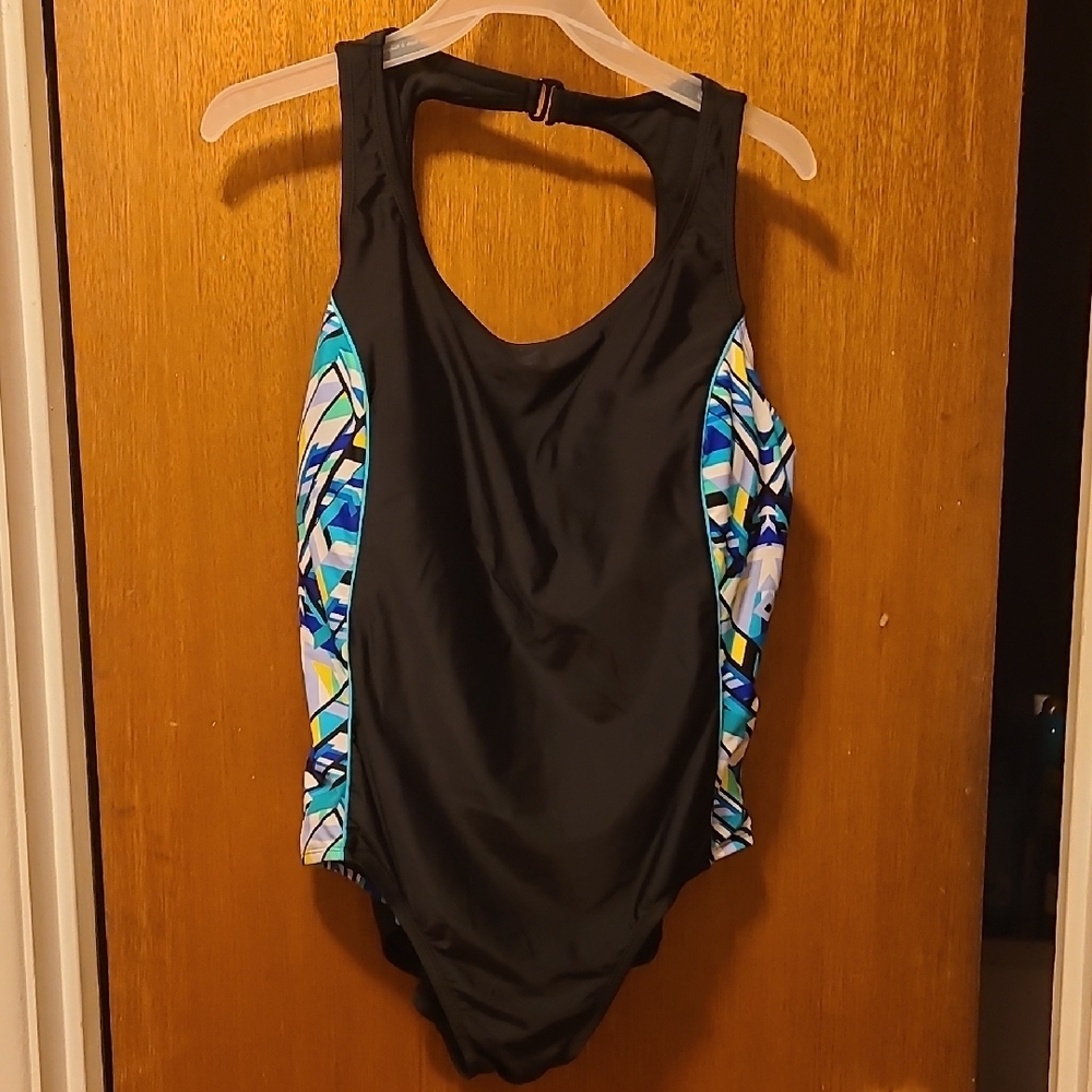 Catalina Black and Blue One Piece Swimsuit with Geometric Side Panels